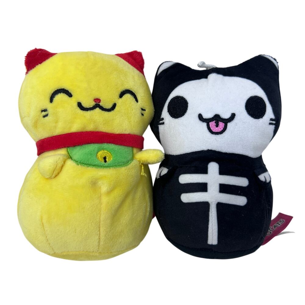 Kleptocats Plush Lot‎ of 2 Yellow Lucky Cat Skeleton 7" Black White Halloween